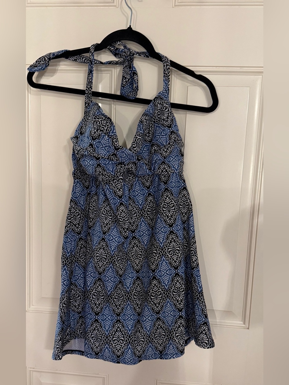 Tropical Escape Halter One Piece Swimsuit Dress size 14 black, blue & white
